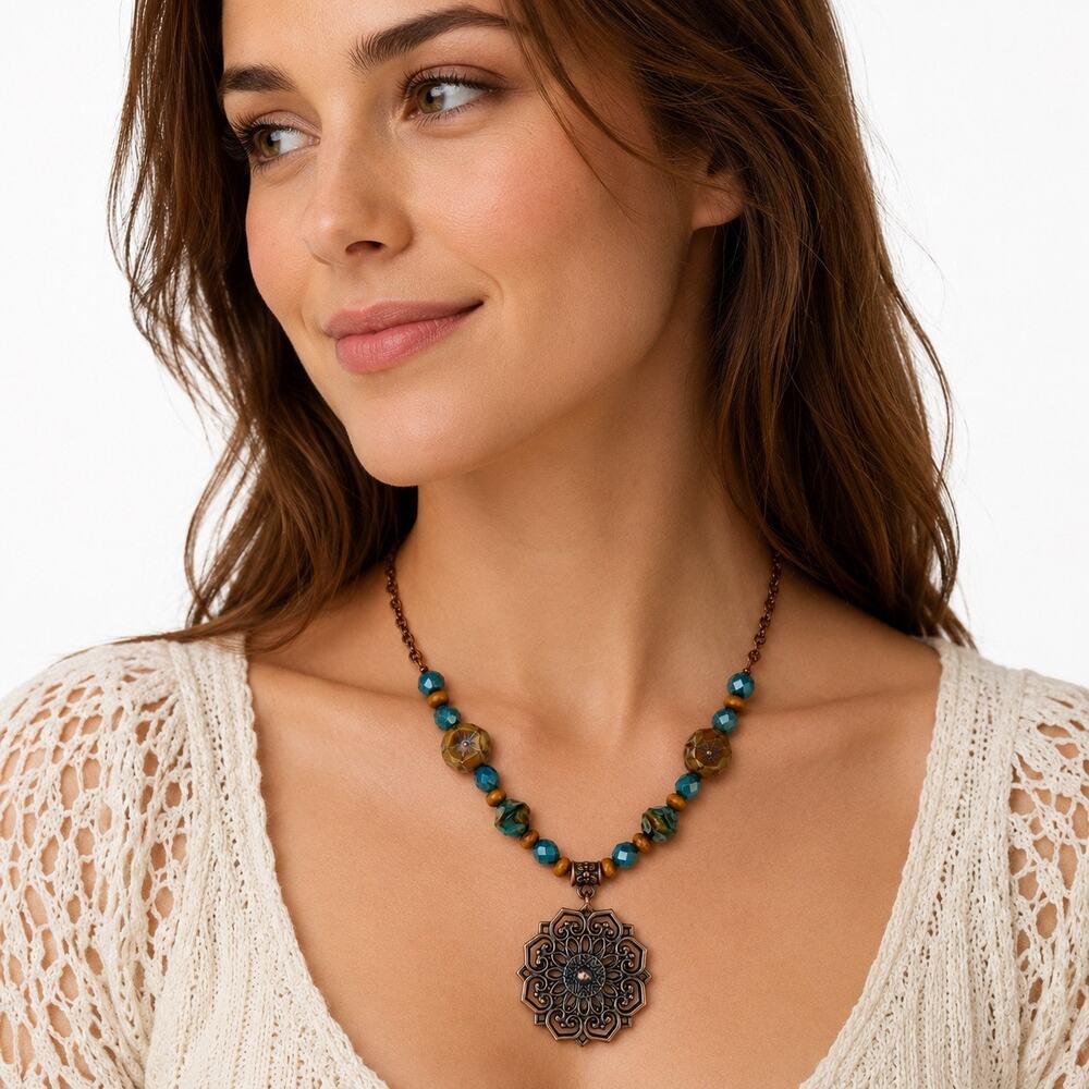 Handmade Autumn Bohemian Style Pendant Necklace Copper Antique Brass Beads